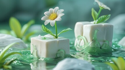 Tranquil Floral Oasis Soothing Minimalist Composition with Fresh White Daisy Flower and Water Droplets on Green Leaves