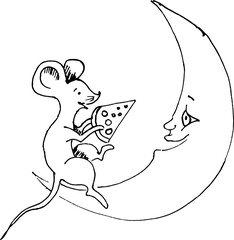 A mouse with cheese on the moon. A sketch. Illustration. A hand-drawn drawing. Clipart. On a white background
