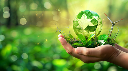 One hand held a green globe with a star on it. The world is surrounded by trees and this image conveys the idea of sustainability and environmental consciousness.