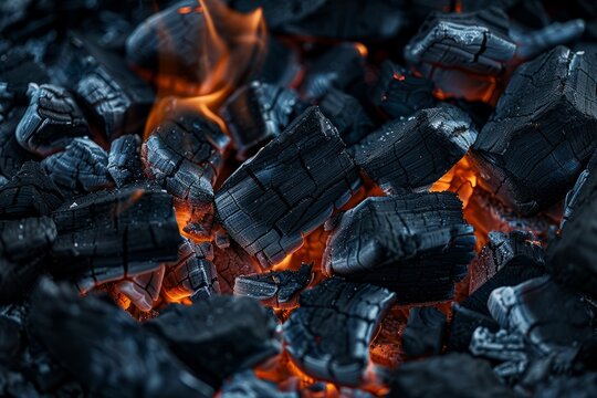 Smoldering coal in a fire close-up, photographic quality
