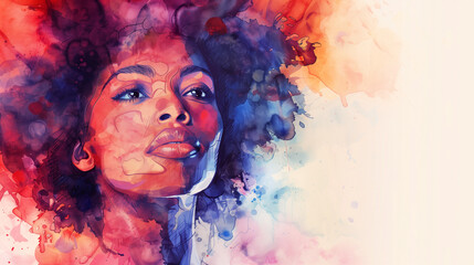 A woman with a big afro is painted in a colorful background. The painting is abstract and has a lot of different colors. Black woman watercolor painting style banner made - obrazy, fototapety, plakaty
