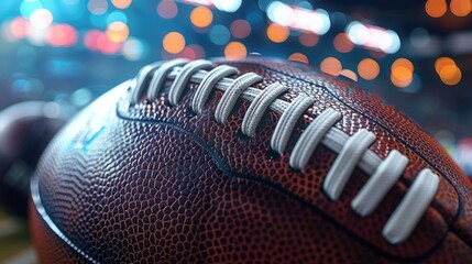 The detailed seams and leather of an American football, with the stadium lights and cheering crowds blurred out, highlighting the strategy and excitement of American football