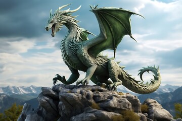 Fototapeta premium Huge green dragon with wings on top of a rock