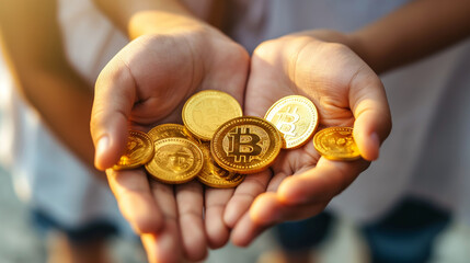 Hands holding various cryptocurrency coins, concept of digital currency and investment.