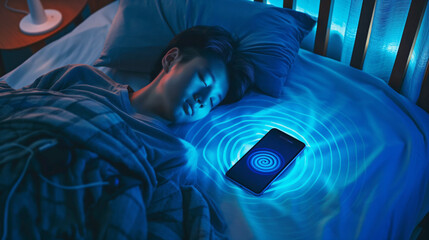 Young Boy Asleep Next to Smartphone Emitting Waves.Technology impact on youth. Health blogs, parenting articles, sleep studies, digital detox promotions - obrazy, fototapety, plakaty