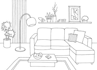 Living room graphic black white home interior sketch illustration vector  - 778828788