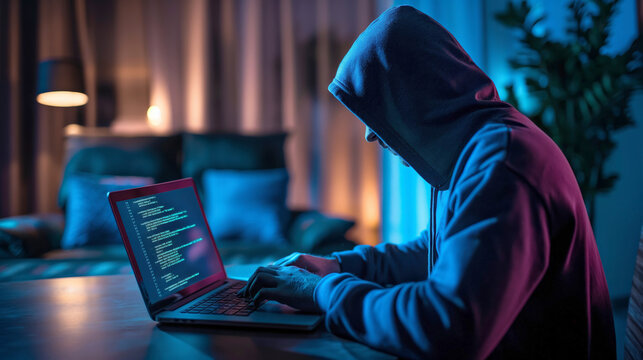 Hooded hacker coding on a laptop, conceptually illustrating software development and the tech lifestyle.
