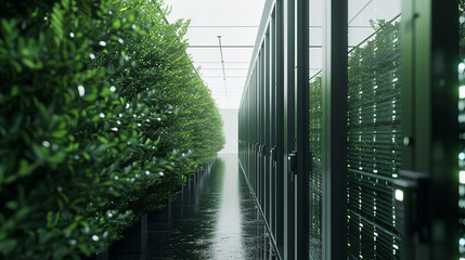 A long hallway with a green wall and a green bush. The wall is made of glass and the bush is full of leaves