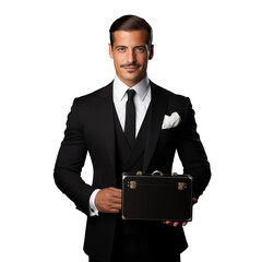 An Italian male businessman mafioso in an elegant suit holds a small bag. Png, transparent background