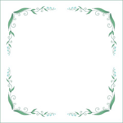 Green floral frame with blue flowers, lily of the valley decorative corners for greeting cards, banners, business cards, invitations, menus. Isolated vector illustration.	