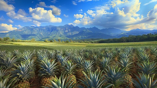 A field with an idyllic view of the blue sky and mountains is the site to a plantation manufacturing sweet clean pineapples exotic tropical fruits and space, Generative AI.