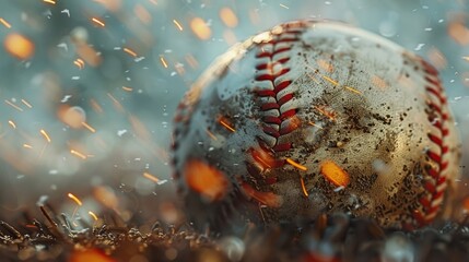 The distinct pattern of a baseball in the foreground with the diamond and spectators in a dreamy blur, capturing the American spirit and the tactical play of baseball