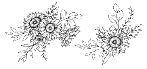 Sunflowers Line Art, Fine Line Sunflowers Hand Drawn Illustration. Fine Line Sunflowers illustration. Floral Line Art. Black and White Sunflowers Graphics