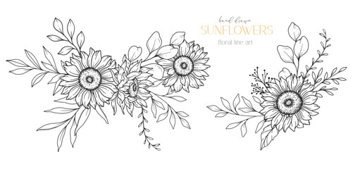 Sunflowers Line Art, Fine Line Sunflowers Hand Drawn Illustration. Fine Line Sunflowers illustration. Floral Line Art. Black and White Sunflowers Graphics