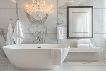 Elegant bathroom with freestanding bathtub and luxurious chandelier, marble details and mockup frame. - Powered by Adobe