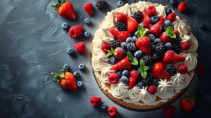  A cake adorned with fresh berries - raspberries, blueberries, and strawberries - atop a table