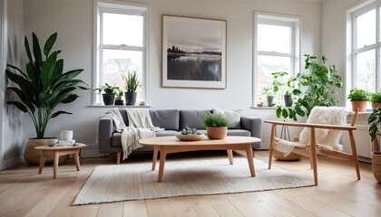 Fototapeta premium Stylish Scandinavian living room with indoor plants and minimalist furniture
