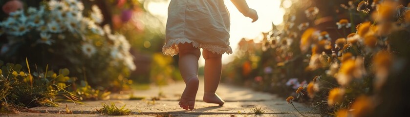 Beautiful moment captured a childs first steps - obrazy, fototapety, plakaty
