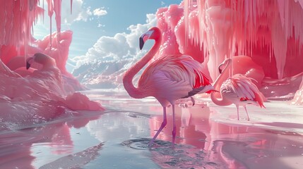 Autonomous vehicles capture the vibrant journey of flamingos through ice age remnants