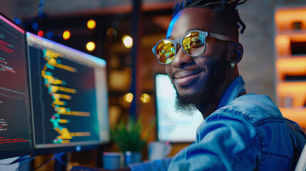 Young African programmer codes happily in modern office, epitomizing tech, software development, and positive workplace culture, ideal for articles on diversity, tech, startups, and work environments.