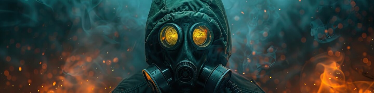 In a neon-lit wasteland, a lone figure wanders, gas mask clad, amidst radioactive graffiti