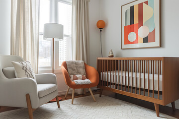 Modern nursery with artistic flair and crib. A contemporary nursery with stylish decor, blending...