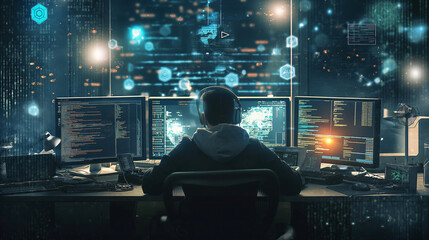Cybersecurity analyst in a modern network operations center, monitoring and defending against cyber threats.