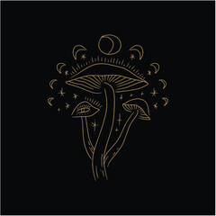 Magic moon mushrooms silhouette engraving style. Boho mystic celestial witch fungi. Psychedelic black-gold vector illustration isolated on black background. Mystic line tiny bohemian 60s hippie art - 778830164