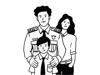 Naklejka premium Man standing up with his uniform family standing behind, Father's day concept vector line drawing