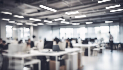 Defocused Modern Office Interior with Bright Lighting, Stylish Furniture, Open Space, and a Professional Atmosphere, Ideal for Corporate, Business, and Workspace Environments