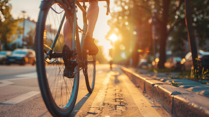 
A person is riding a bicycle down a street with a sunset in the background. The scene is peaceful and serene, with the sun setting behind the trees and the person on the bike enjoying the ride
