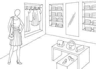 Shop interior graphic black white sketch illustration vector 