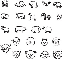 Animals thin line icons set black and white