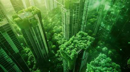 Urban landscape with green buildings and trees The city appears to be a futuristic and eco-friendly environment.