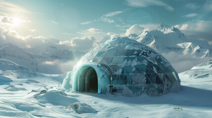 Eskimo igloo with ice blocks forming a dome with an entrance. Construction in the North Pole on the snow in a cold landscape with the sun in the background, clouds, and icy mountains. - obrazy, fototapety, plakaty