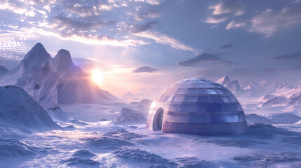 Futuristic igloo-shaped structure amidst a snowy landscape, surrounded by icy mountains under a dramatic sunset-illuminated sky.  Wallpaper with blue and purple hues. - obrazy, fototapety, plakaty