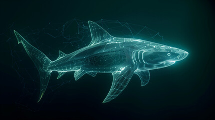 Wireframe based display, a translucent shiny hologram of a blue neon shark isolated on black background. 3d design before rendering