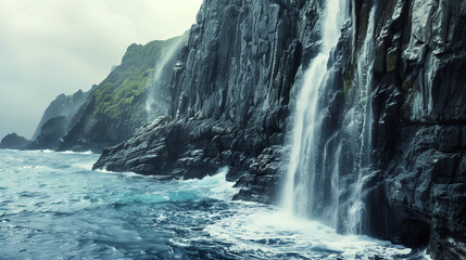 Rocky cliff with a roaring waterfall falling into the ocean. Cinematic landscape for the background of a wallpaper