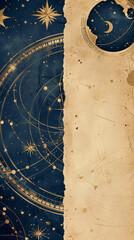 Intricate celestial map featuring constellations, zodiac signs on an aged backdrop, detailed artwork, and mystical aura. The half of the image is an old blank textured paper to write on it