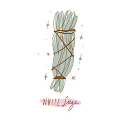 White sage spiritual aromatherapy relax herb dry Incense, smudge stick for sacred rituals, spirit practices, fumigation of premises, cleansing of chakras, yoga and home. Illustration of incense stick - 778830783
