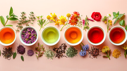 Obraz na płótnie Canvas Herbal Tea Varieties with Fresh Herbs and Flowers.