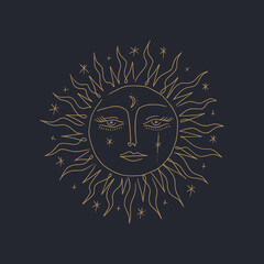 Boho black gold ancient space vintage art of Sun with face on dark background. Vintage stylish hand-drawn logo or label of astrology and astronomy solar symbol. Antique poster modern abstract - 778830955