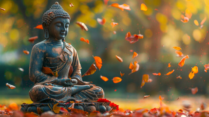 Buddha Statue Amidst Autumn Leaves Falling.