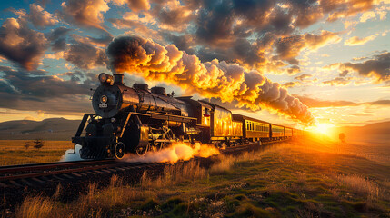 Fototapeta premium Vintage Steam Train Journey at Sunset.