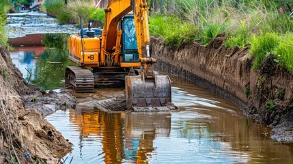 excavator machine dredging canal, AI generated