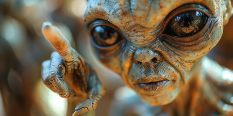 humanoid extraterrestrial with big eyes and green skin points with his finger on the right side. Fantastic concept