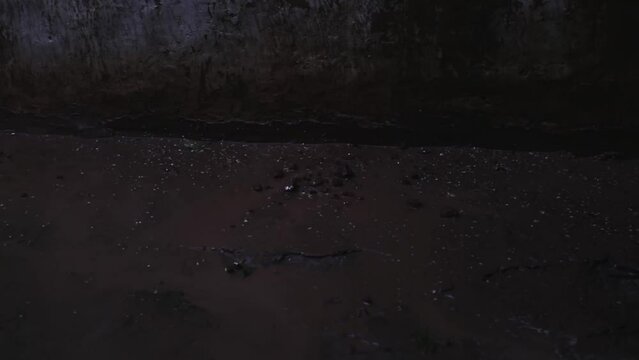 Streams of rain flow along with the mud on the wall.