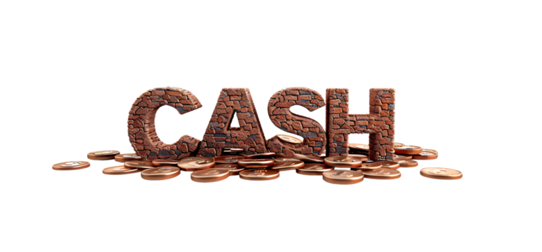 The word "CASH" made of small coins isolated on a white background