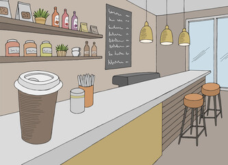 Cafe bar interior graphic color sketch illustration vector 