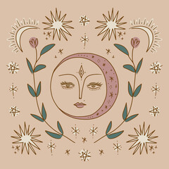 Boho space vintage art. Moonlight and stars. Vintage stylish hand-drawn set of full and crescent moon face, stellar symbols and more. Antique poster abstraction collection